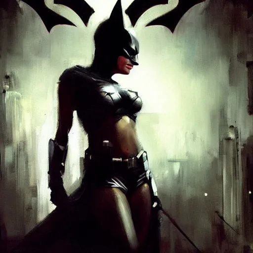 Image similar to a feminine version of female batman jeremy mann painting