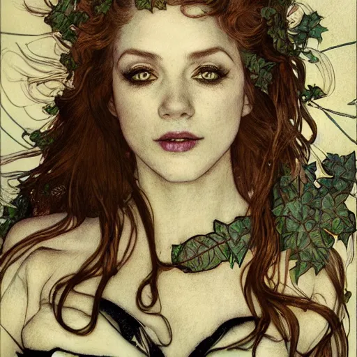 Image similar to a beautiful and detailed matte painting of a poison ivy dressed casually in jeans and a nirvana t - shirt from hot topic, food court in a mall, dark eyeliner, intricate, elegant, highly detailed, digital painting, artstation, concept art, matte, sharp focus, illustration, art by rebecca guay and by arthur rackham and by alphonse mucha and by john william waterhouse