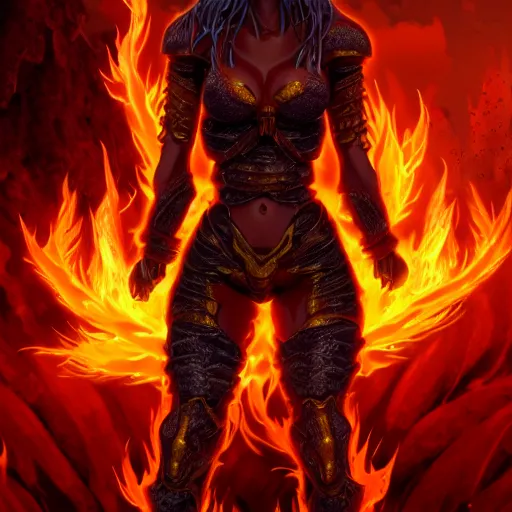 Image similar to Hot fire goddess, skin of flames, body made of fire, wearing armor, rampaging, stormy background, forest fire, breathing fire, fire in hand, concept art, tiny person watching, artstation, 4k