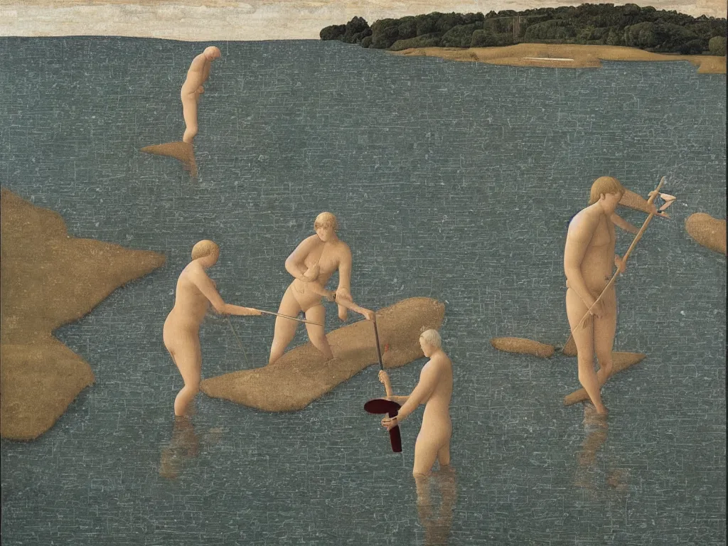 Prompt: Painter washing his brush in the river. Giant fishes. Painting by Alex Colville, Piero della Francesca.