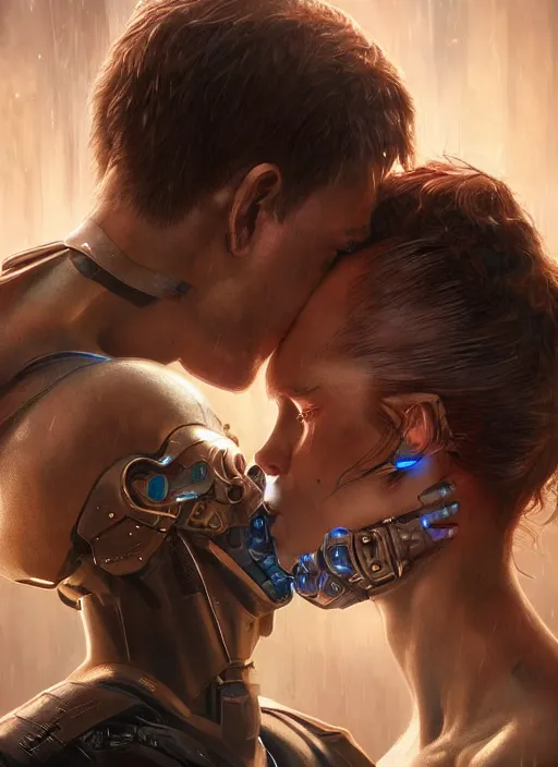 Prompt: cyberpunk, sci - fi, fantasy, ultra realistic close - up of a couple of cyborgs kissing, lovers, faces, led, unreal engine, octane render, soft light, night, highly detailed, digital painting, concept art, sharp focus, illustration, art by artgerm and greg rutkowski and alphonse mucha