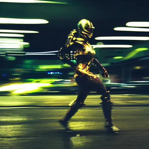 Image similar to gopro pov of a woman warrior wearing intricate scifi helmet running motion blur, night, city, raining