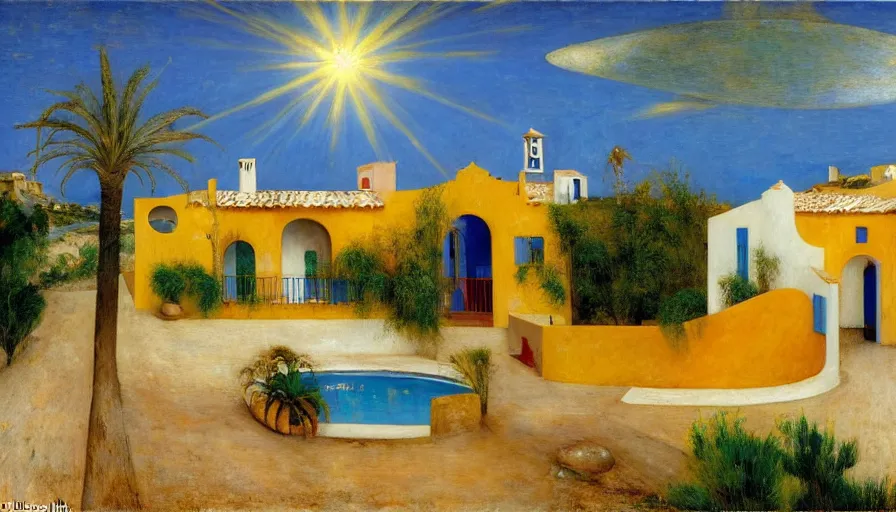 Prompt: a 1 9 9 8 southern spain house!!! costa blanca, designed by bispo do rosario, arnold bocklin, jules bastien - lepage, tarsila do amaral, arthur and gustave baumann, cheval michael, warm, mediterranean, star, sharp focus, colorful refracted sparkles and lines, soft light, 8 k 4 k