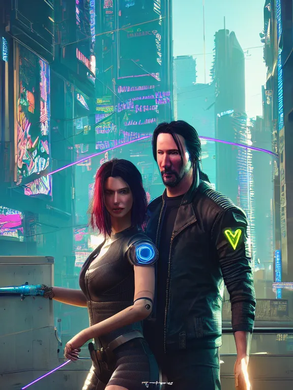 Image similar to a highly detailed photorealistic cyberpunk 2077 couple portrait of Keanu Reeves and female android,lots of electric cable behind,connected to giant computer,couple pose,love,fantasy, intricate, elegant,by Alex Horley and Greg Rutkowski,artstation,deviantart,FAN ART,Unreal Engine,Digital painting,face enhance,8K,golden ratio,cinematic lighting