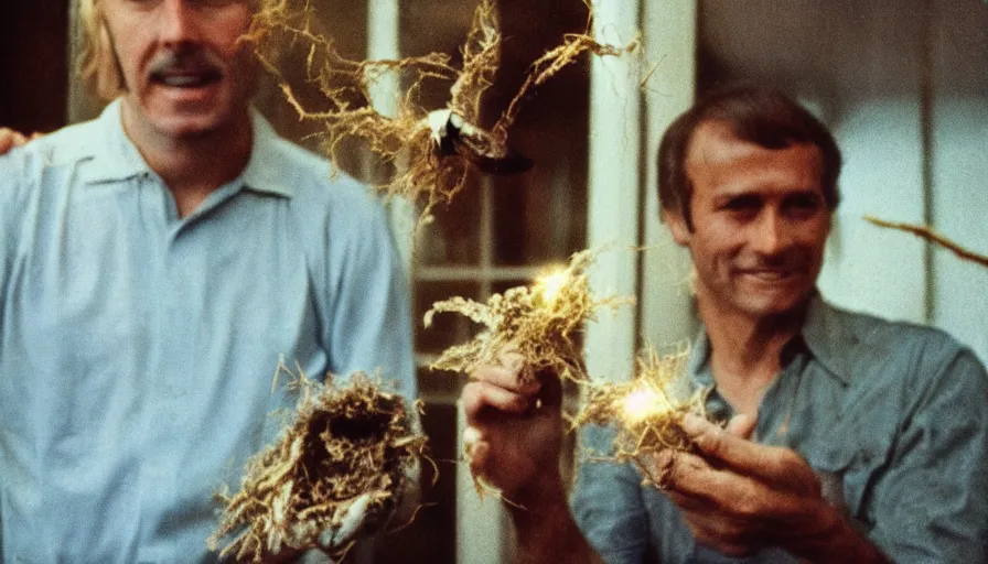 Image similar to 7 0 s movie still of a man with a moth nest, cinestill 8 0 0 t 3 5 mm eastmancolor, heavy grain, high quality, high detail