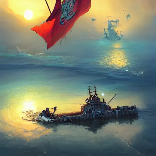 Image similar to two large pirates ship floating on top of a body of water at sunset, fighting each other, pirates flag , cgsociety, fantasy art, 2d game art, concept art , ambient occlusion, bokeh, behance hd , concept art by Jesper Ejsing, by RHADS, Makoto Shinkai Cyril Rolando