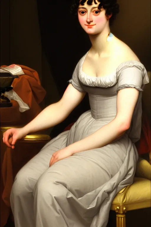 Prompt: jane austen, painting by jacques - louis david, andrea appiani, jean auguste dominique ingres, theodore gericault. rossetti bouguereau, detailed art, artstation