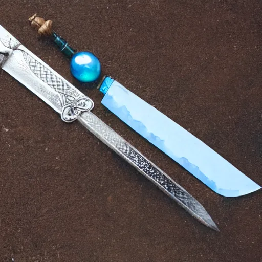 Prompt: a sword with its blade made of water and a silver handle with a blue gem on it