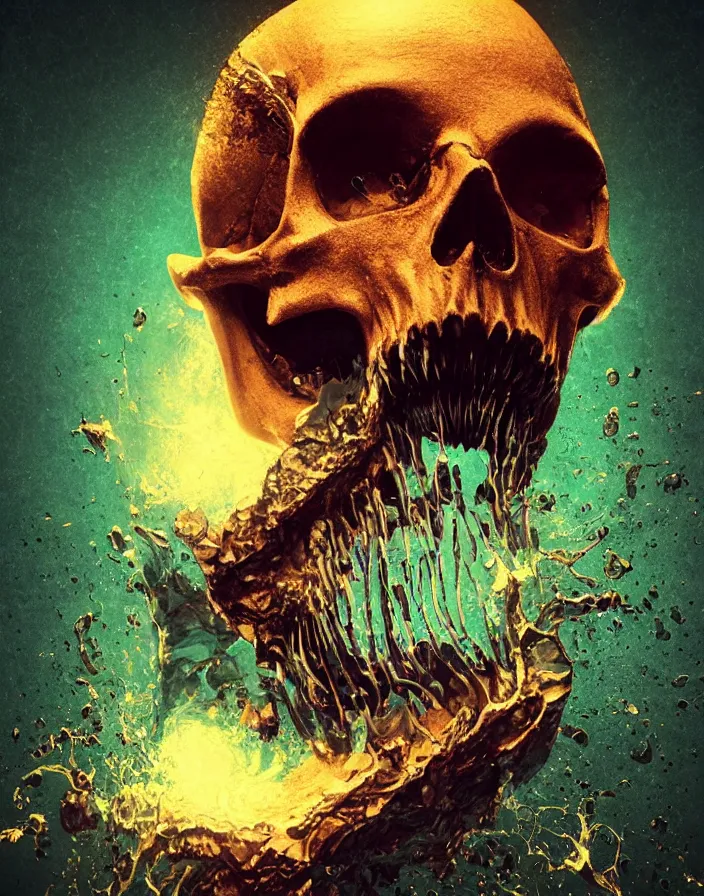 Prompt: portrait of a melting radioactive skull. intricate abstract. sharp teeth. delicate artwork. by Tooth Wu, wlop, beeple, dan mumford. octane render, trending on artstation, greg rutkowski very coherent symmetrical artwork. cinematic, hyper realism, high detail, octane render, 8k, depth of field, bokeh. chrome accents.