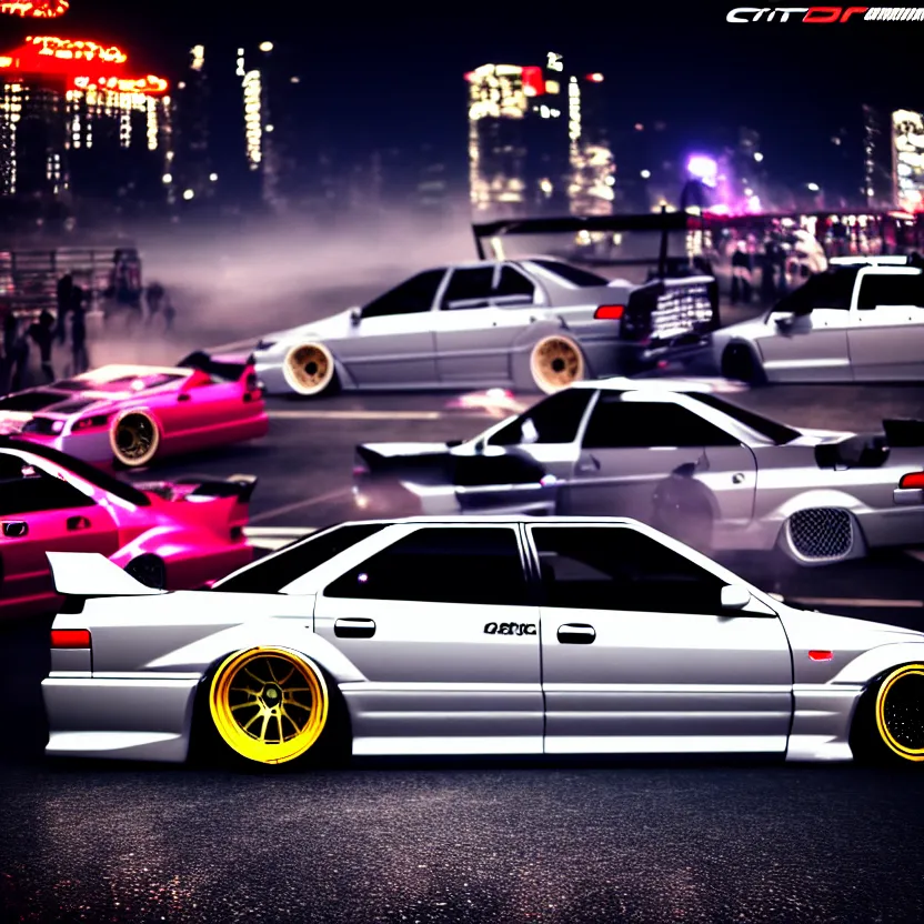 Image similar to a car JZX100 twin turbo drift at illegal car meet, Shibuya prefecture, city midnight mist lights, cinematic lighting, photorealistic, detailed alloy wheels, highly detailed