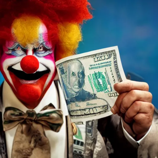 Image similar to A clown holding a dollar banknote, background is a slum, cinematic, epic, highly-detailed, photo realistic