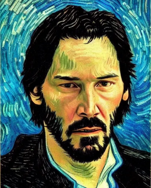 Prompt: Keanu Reeves as Neo in the style of van gogh self portrait, face, detailed, sharp focus