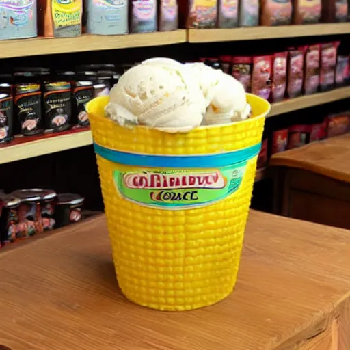 Image similar to Corn Flavored Ice cream tub, store shelf