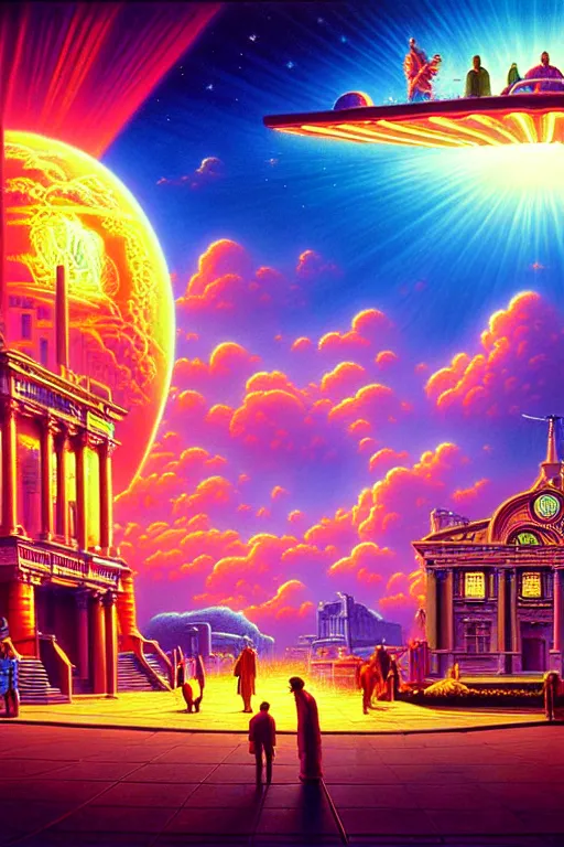 Prompt: a photorealistic detailed cinematic image of a beautiful vibrant neon future for human evolution, spiritual science, divinity, utopian, cumulus clouds, ornate historical society, isometric, by david a. hardy, kinkade, lisa frank, wpa, public works mural, socialist