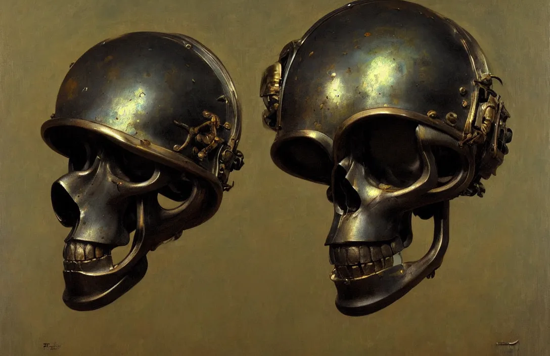 Image similar to portrait of deep sea diver helmet, detailed skull face, detailed painting, epic lighting, by ilya repin, phil hale and kent williams