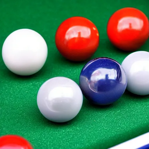 Image similar to pool ball sized marbles on a pool table, close up view, photorealistic,