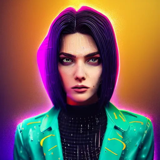 Image similar to epic cartoon women portrait made out of rain, pinstripe suit, short hair, cyberpunk background, rendered in octane, unreal engine, highly detailed, trending on artstation, realistic, splashes of neon, beautiful