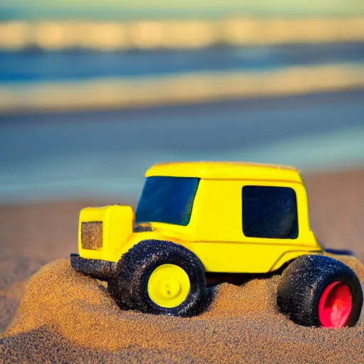 Prompt: bulldozer toy sunbathing on the beach, depth of field, holiday vibe, photo style, ultra realistic