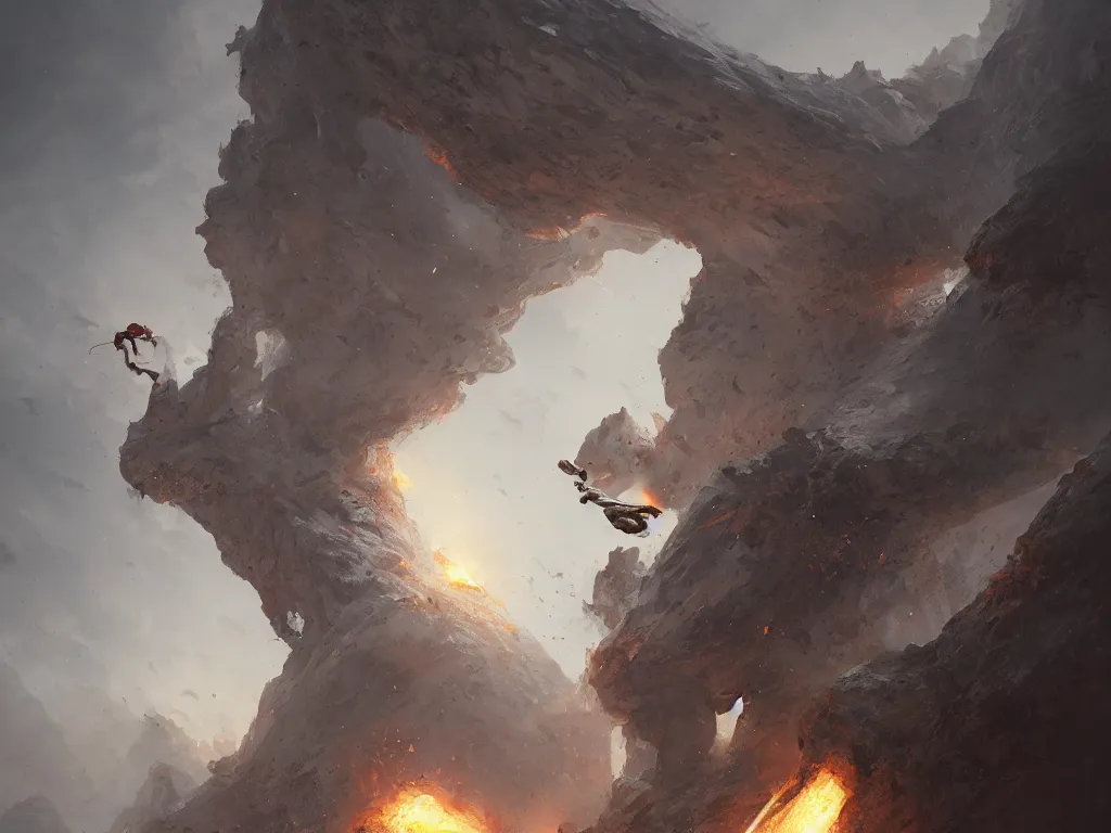 Prompt: a man in white armor flies from volcano , symmetry, intricate, highly detailed, artstation trending, ray tracing, cinematic, art by Greg Rutkowski, concept art,