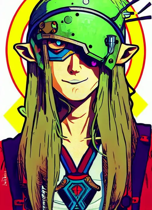 Image similar to solar punk link from zelda!! solar cyborg portrait illustration, pop art, splash painting, art by geof darrow, ashley wood, alphonse mucha, makoto shinkai