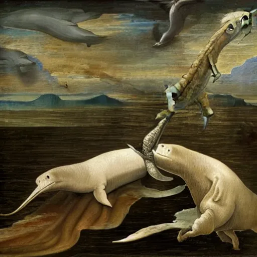 Prompt: a narwhal and tyrannosaurus rex trying to hug, renaissance painting