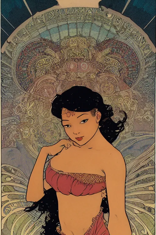 Prompt: a beautiful illustration of a black godess model girl with short hair, bikini, she's sad by mucha and moebius and geof darrow, sunset, street of hong kong, cinematic light, very detailed, depressing atmosphere, cover magazine