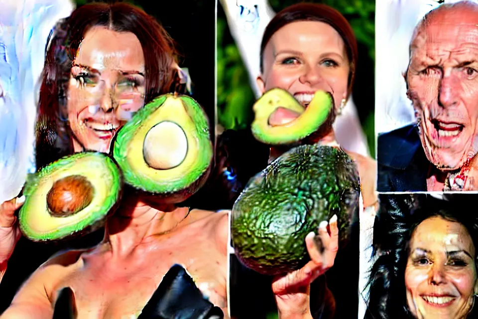 Image similar to bizarre celebrities on the red carpet rolling around in avocados