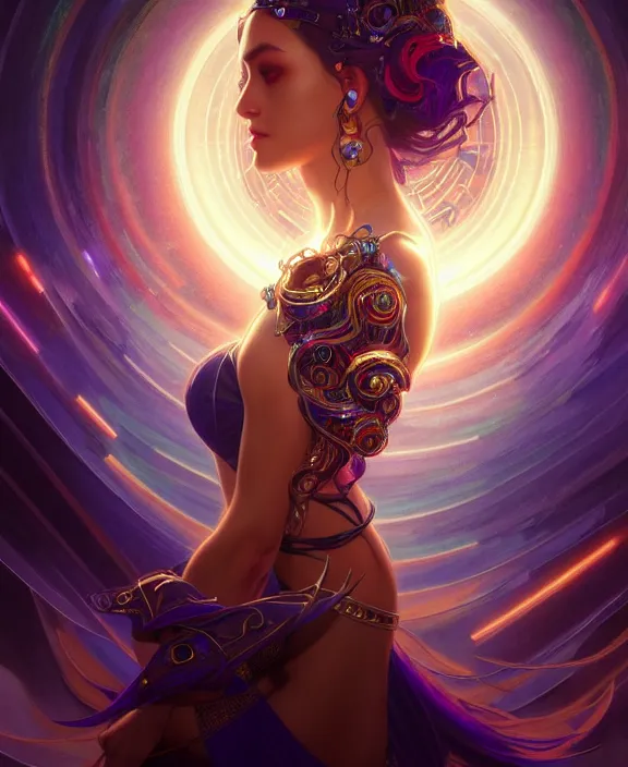 Image similar to a whirlwind of souls rushing inside the metaverse, half body, glowin eyes, tiara with sapphire, pharaoh, android, cyberpunk, d & d, fantasy, intricate, elegant, highly detailed, colorful, vivid color, digital painting, artstation, concept art, art by artgerm and greg rutkowski and alphonse mucha and ruan jia