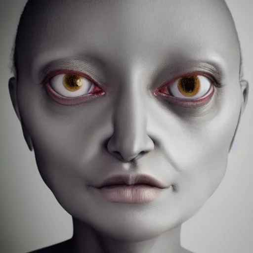 Prompt: studio portrait photography of a female grey humanoid hybrid extraterrestrial with large eyes