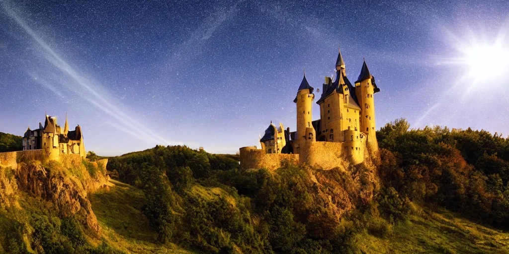 Image similar to A sunlit castle of dreams surrounded by rolling hills under a night sky filled with shooting stars