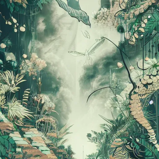 Prompt: black paper + an intricate lelabo shop depiction + elaborate white illustration, very detailed, deviantart, 8 k vertical wallpaper, tropical, colorful, airy, anime illustration, anime nature