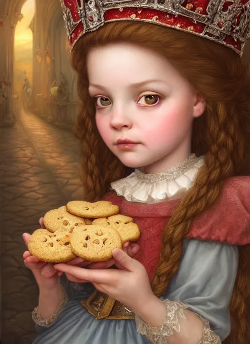 Image similar to highly detailed closeup portrait of a fairytale medieval princess eating cookies, unreal engine, nicoletta ceccoli, mark ryden, lostfish, earl norem, global illumination, god rays, detailed and intricate environment