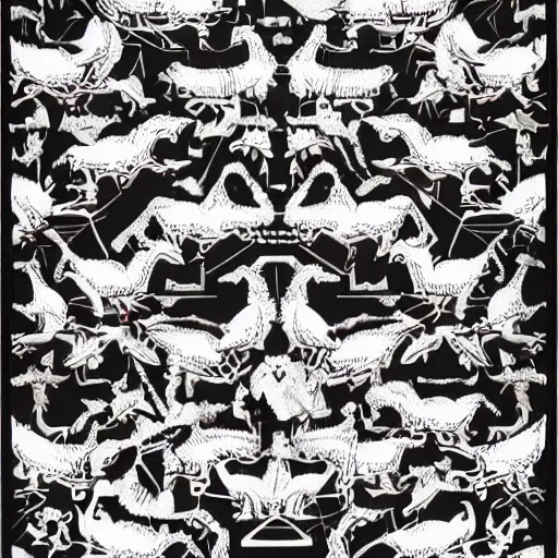 Image similar to a graphical pattern of white wolves into black geese by maurits cornelius escher, aerial view, scared black geese, angry white wolves, hexagonal pattern, intricate details, geese, wolves, screen print, frameless