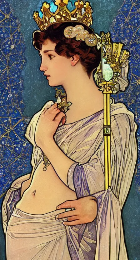 Image similar to an art deco scepter and a crown of stars, digital painting by tamara de lempika and an elegant border by alphonse mucha.