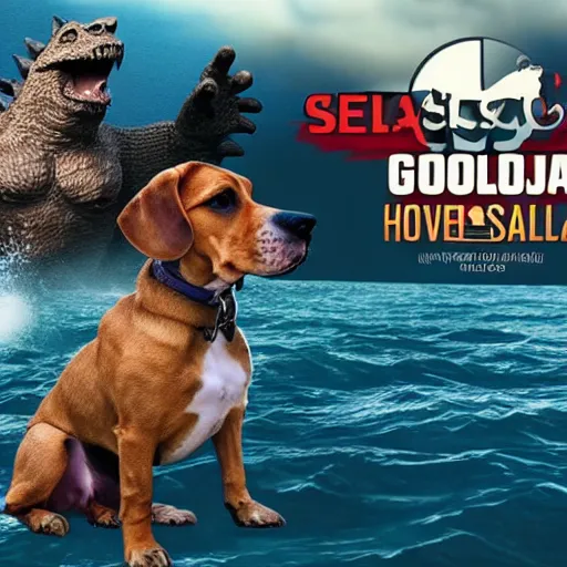 Image similar to masive 1 0 0 meters beagle dog versus godzilla over the sea, epic cinematic, 4 k, very high detail