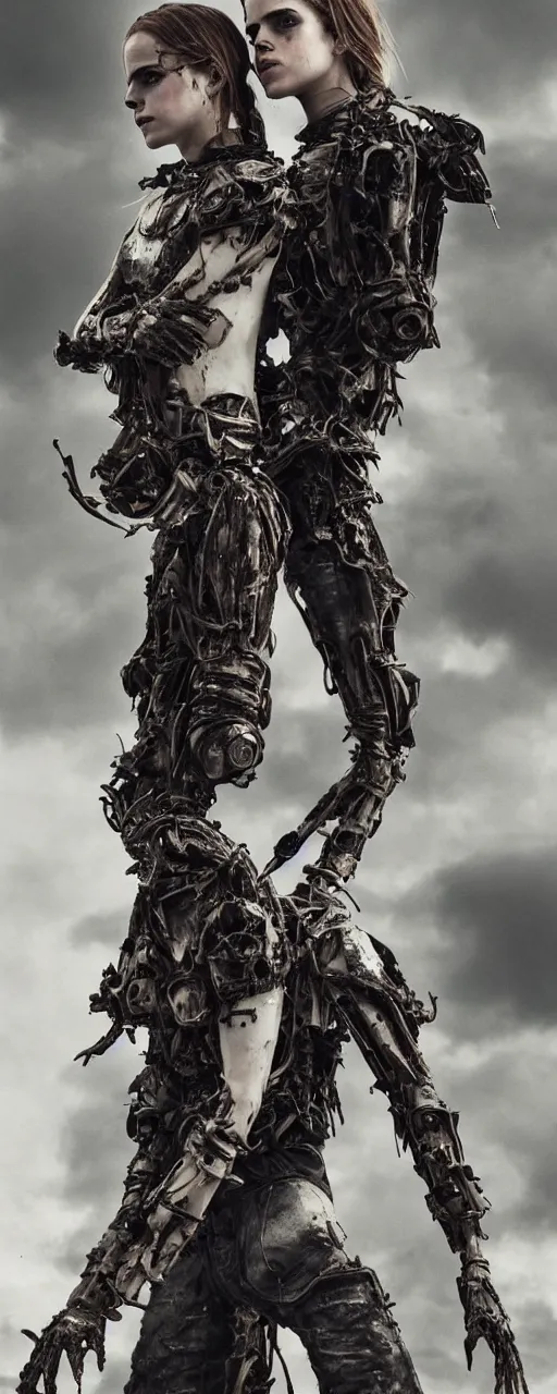 Image similar to Emma Watson fractal armour twinned conjoined sisters action poses dishevelled photorealistic portrait grimy sweating wet face dirty t-shirt and torn jeans in broken biomechanical fractal armour abandoned exploding sci-fi gas station, dark and dim atmospheric smog trending on artstation 8k matte painting, dramatic lighting, dramatic shadows professional photograph by Irving Penn