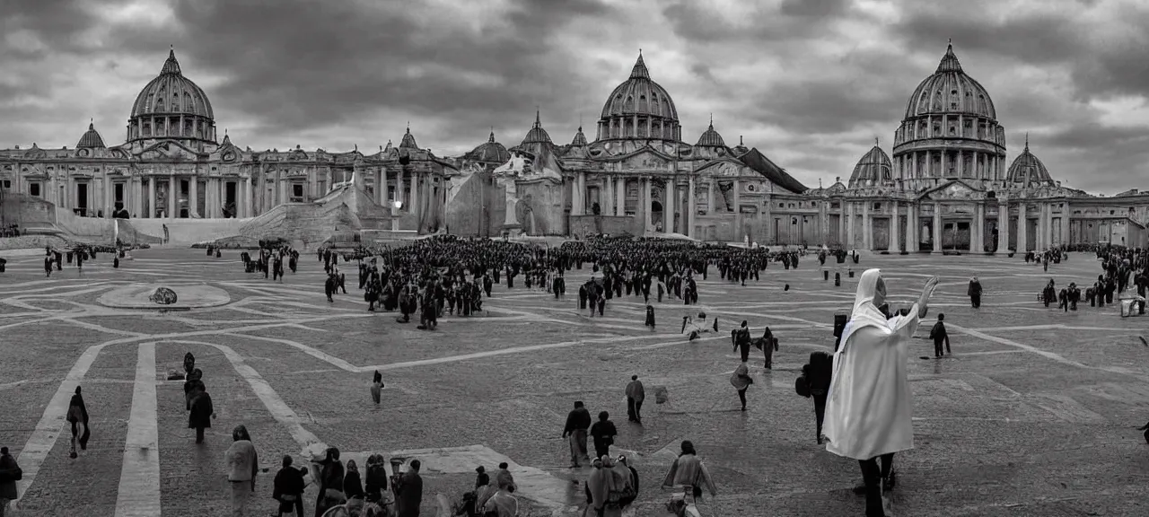 Image similar to Alien Ship landing in the Middle of the Vatican Square, Surprised Priests Watching this moment quietly, Very Restless and Dramatic Atmosphere, Realism, Detailed Journalistic Photography