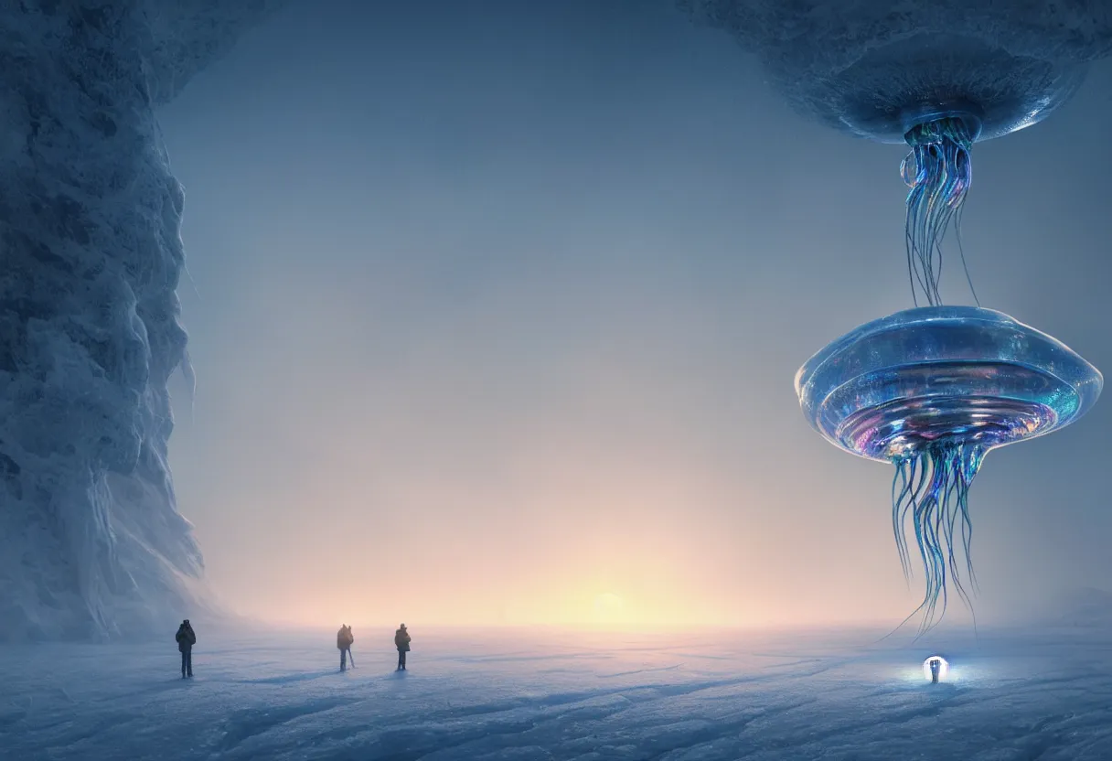 Image similar to strange transparent iridescent alien jellyfish emerging from surface of another frozen winter planet at sunset, ultra high definition, ultra detailed, symmetry, fog, matte painting, by greg rutkowski and ross tran and wlop