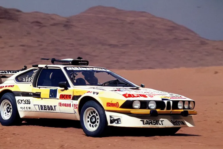 Image similar to 1 9 7 8 bmw m 1, dakar rally footage, speed, bladerunner