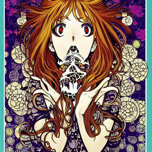 Prompt: anime manga skull portrait woman comic skeleton illustration style by Alphonse Mucha and Gustav Klimt pop art