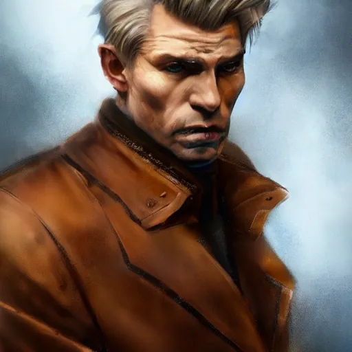 Image similar to portrait of a muscular, grim, ponytail haired blonde man in his late 30's, wearing a thick brown leather coat, looking to his side, scarred face, blue eyes, hunter, DnD character, fantasy character, dramatic lighting, digital art by Ruan Jia, Krenz Cushart, Rossdraws and Boris Vallejo