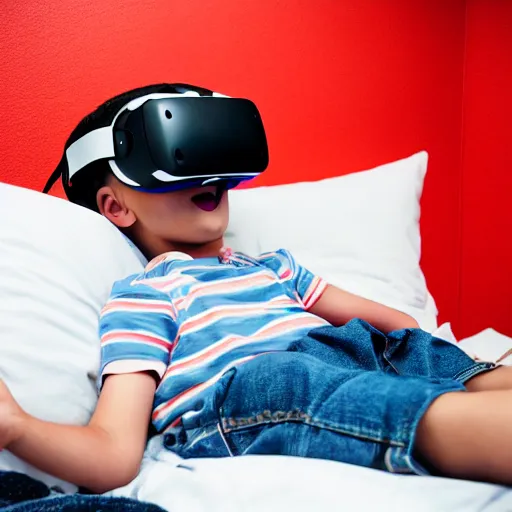 Image similar to a full-shot stock photo of a boy laying in bed with a bunch of stuff wearing a VR-headset, featured on flickr, cluttered