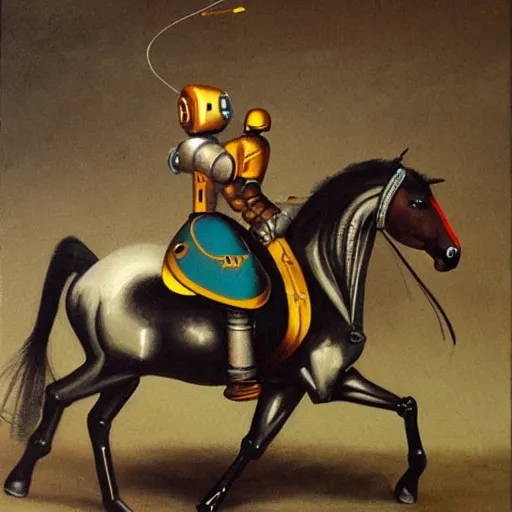 Prompt: a robot riding a horse, painting by Peter von Hess