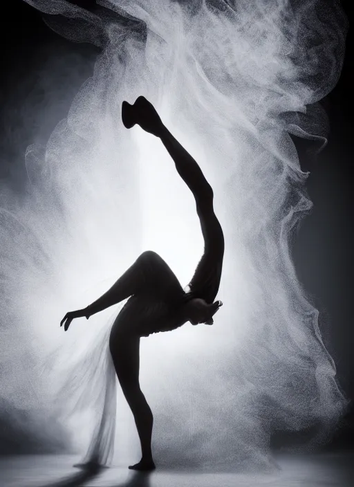 Image similar to a Photorealistic dramatic hyperrealistic render of a beautiful Female smoke dancer by Ken Brower and Deborah Ory of NYC Dance project,Lois Greenfield,Flowing cloth and smoke,Beautiful dynamic dramatic dark moody lighting,volumetric,shadows,cinematic atmosphere,Octane render,8K