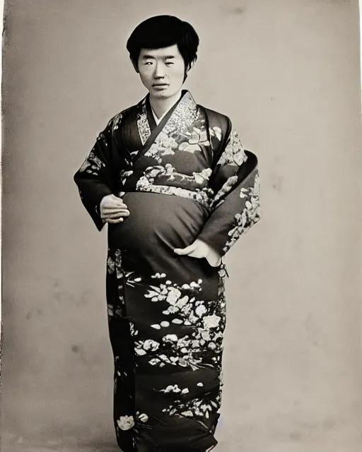 Prompt: 1800's photograph of a heavily pregnant handsome!!! Japanese man in his 20s wearing a kimono, high quality image