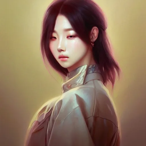 Image similar to portrait of kpop idol, dreamy and ethereal, casual clothes, fierce expression, intricate, rose tones, highly detailed, digital painting, artstation, concept art, smooth, sharp focus, illustration, art by artgerm and greg rutkowski and alphonse mucha