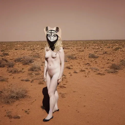 Image similar to full body shot of a pale woman in a desert lanscape, wearing a full face occult mask, dry desert background, award winning photography, 8k, in the style of Darren Arnofsky, David Lynch and Alejandro Jodorowsky,