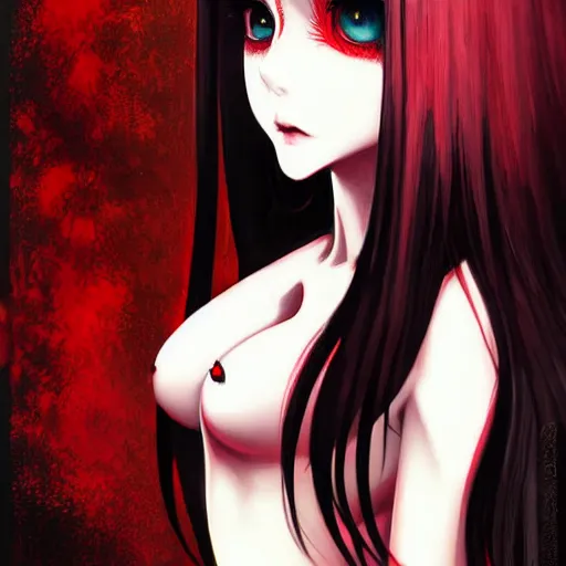 Image similar to beautiful lustful female ghost, in the rain, highly detailed, painting, dark red and black color palette, intricate, high quality anime artstyle, in the style of sana takeda