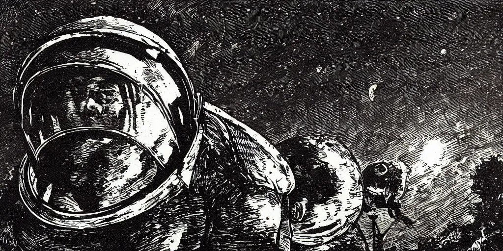 Prompt: portrait of a person wearing a space helmet on an alien planet, space and stars visible in the background, in the style of Goya etchings