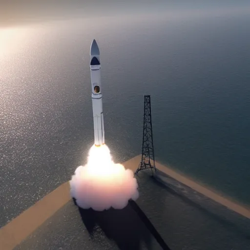 Image similar to photorealistic rendering of spacecraft launch from cape canaveral, detailed, realistic, focus